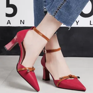 Chunky Heel Leather Adjust Buckle Pumps