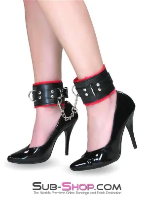 1537M      Plush Cuffs Locking Fur Lined Red & Black Ankle Bondage Cuffs