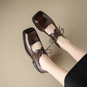 60mm Block Heel Leather Lace Up Mary Jane Shoes Handmade in Black/Brown