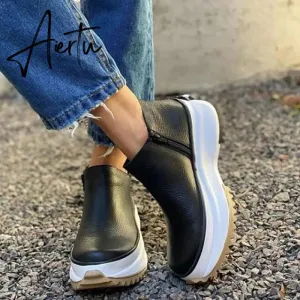 Aiertu Women Leather Boots Round Toe Side Zipper White Bottom Ladies Platform Shoes Solid Color Daily Walking Female Ankle booties