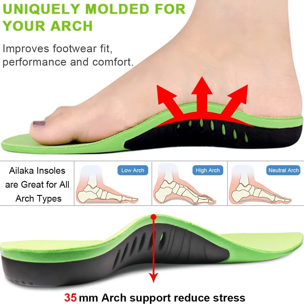 Ailaka High Arch Support Insoles for Men Women - Plantar Fasciitis Relief Arch Support Shoe Inserts, Orthotic Insoles for Flat Feet, Arch Pain and Heel Pain Relief 10-12 M US Women/8-10 M US Men Green