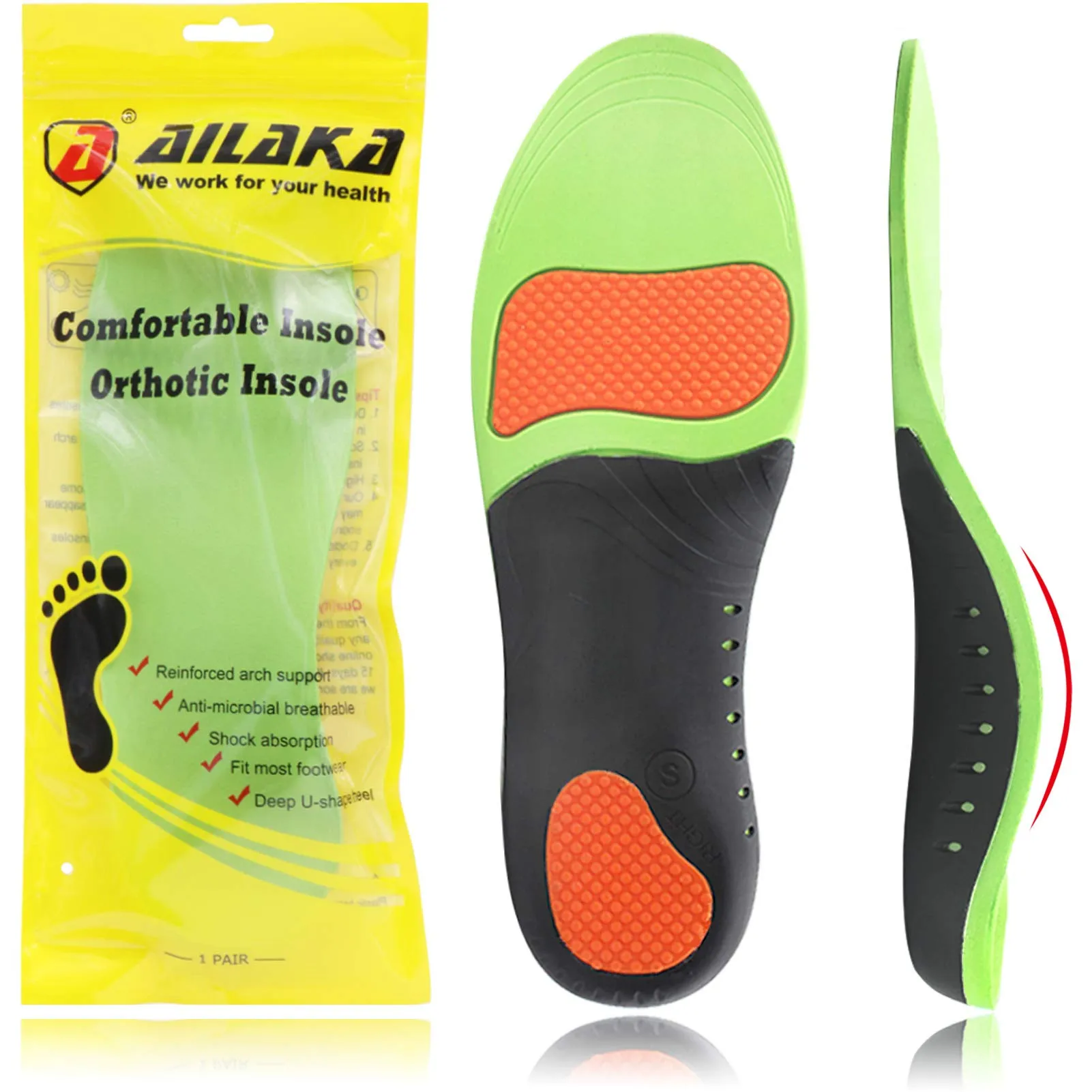 Ailaka High Arch Support Insoles for Men Women - Plantar Fasciitis Relief Arch Support Shoe Inserts, Orthotic Insoles for Flat Feet, Arch Pain and Heel Pain Relief 10-12 M US Women/8-10 M US Men Green