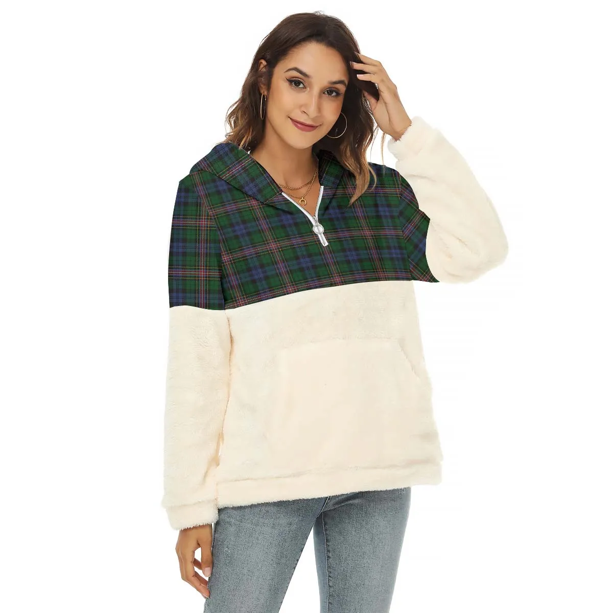 Allison Tartan Women's Borg Fleece Hoodie With Half Zip