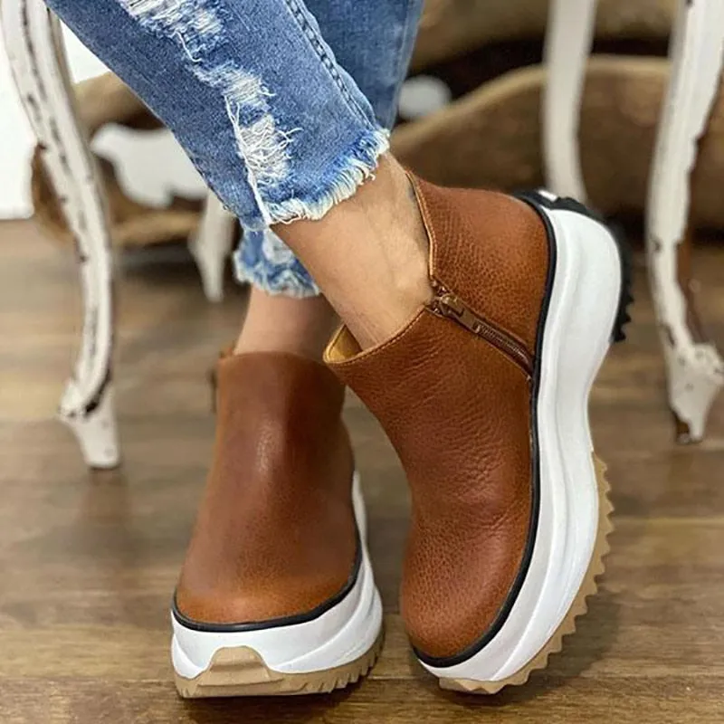 Amozae- Women's Ankle Boots Round Toe Side Zipper White Bottom Ladies Platform Shoes Solid Color Daily Walking Female Casual Shoes