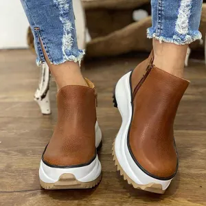 Amozae- Women's Ankle Boots Round Toe Side Zipper White Bottom Ladies Platform Shoes Solid Color Daily Walking Female Casual Shoes