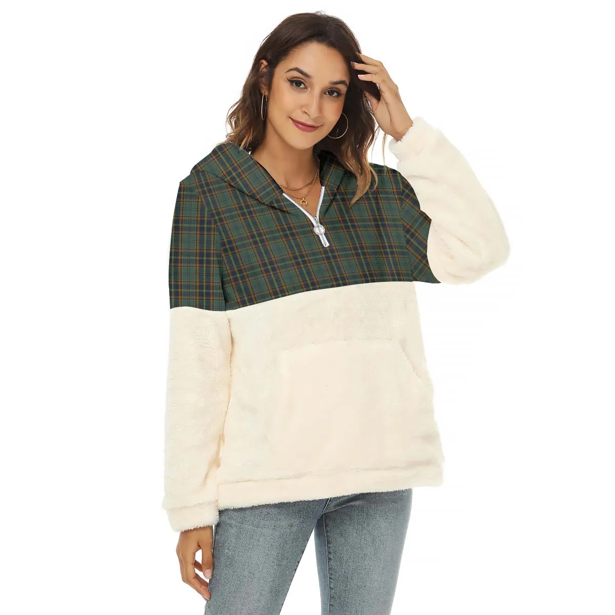 Antrim County Ireland Tartan Women's Borg Fleece Hoodie With Half Zip