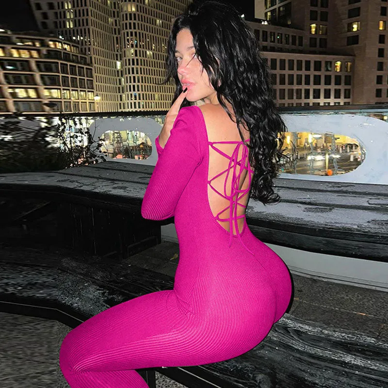 Athletic Scoop Neck Long Sleeve Lace Up Back Ribbed Jumpsuit - Hot Pink