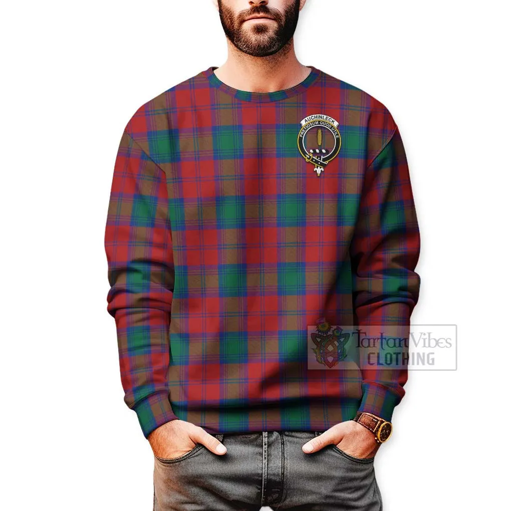 Auchinleck (Affleck) Tartan Sweatshirt with Family Crest and Bearded Skull Holding Bottles of Whiskey