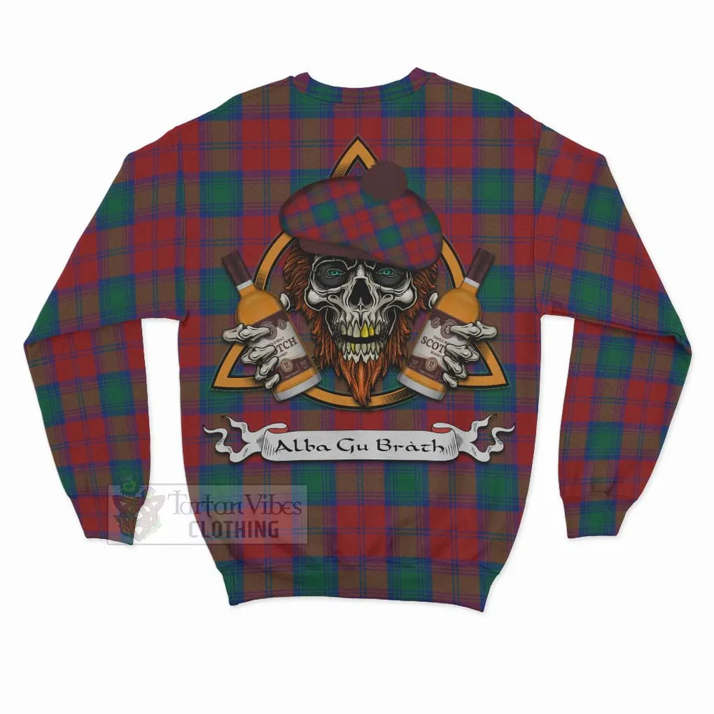 Auchinleck (Affleck) Tartan Sweatshirt with Family Crest and Bearded Skull Holding Bottles of Whiskey