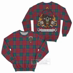 Auchinleck (Affleck) Tartan Sweatshirt with Family Crest and Bearded Skull Holding Bottles of Whiskey