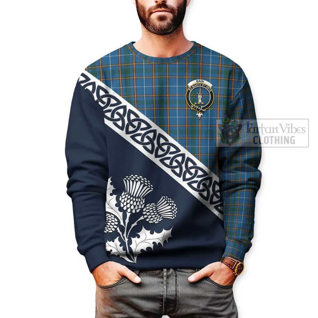 Bain Tartan Sweatshirt Featuring Thistle and Scotland Map