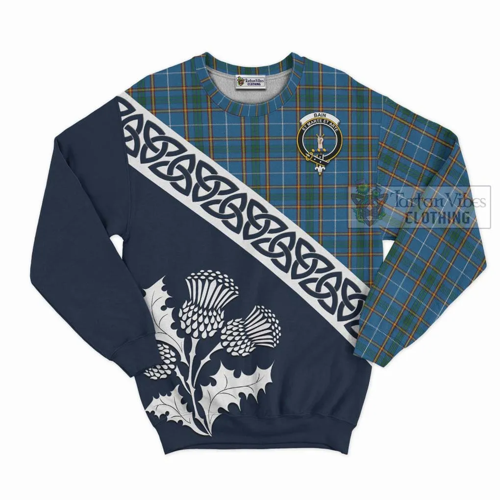 Bain Tartan Sweatshirt Featuring Thistle and Scotland Map