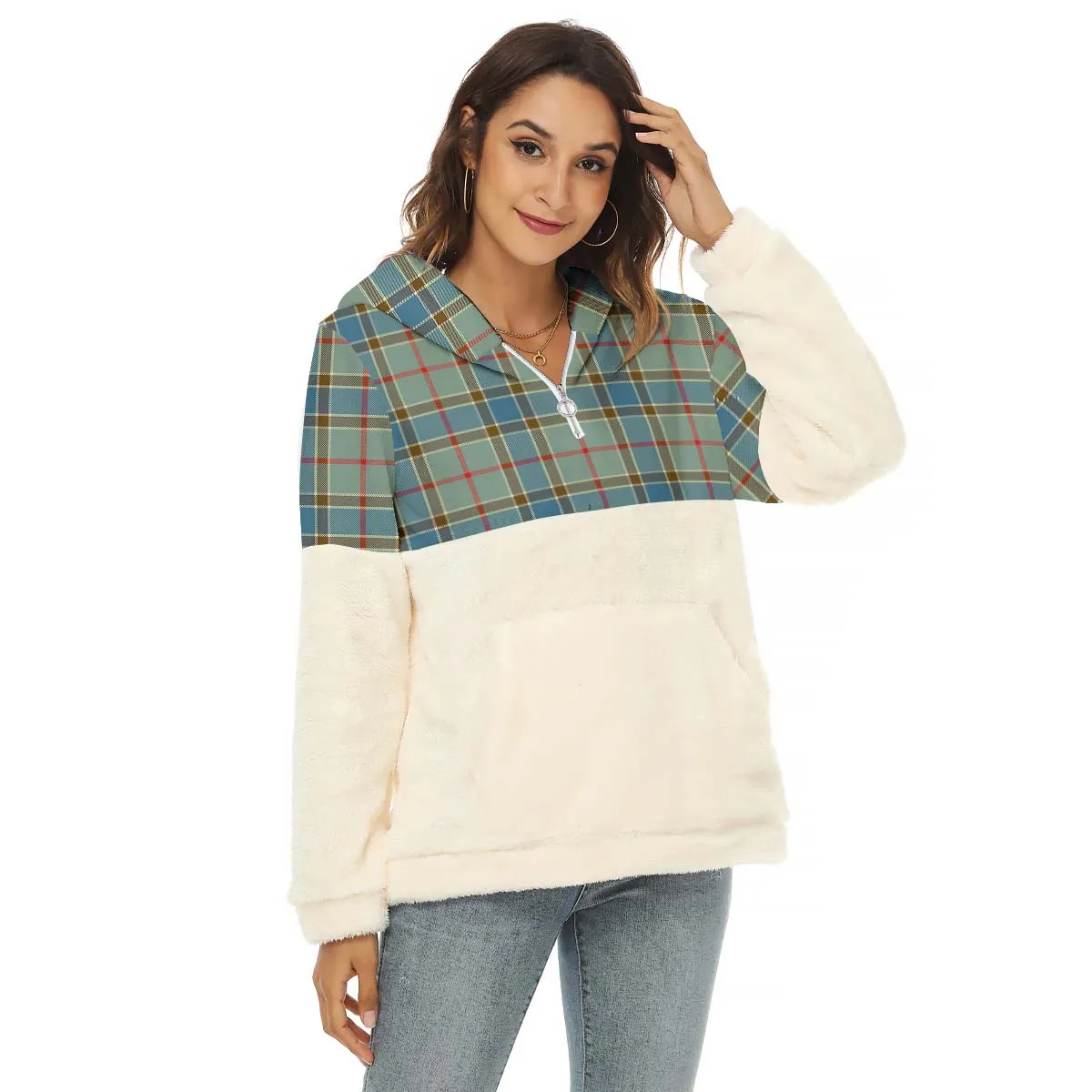 Balfour Blue Tartan Women's Borg Fleece Hoodie With Half Zip