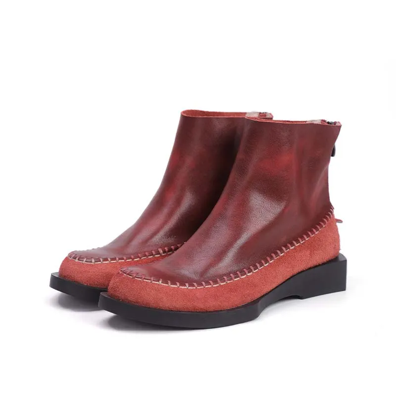 Barefoot Chelsea Boots Soft Leather Flat Boots Designer Ankle Boots Back Zip in Red/Coffee/Black