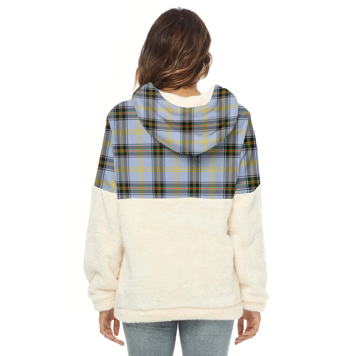 Bell Tartan Women's Borg Fleece Hoodie With Half Zip with Family Crest