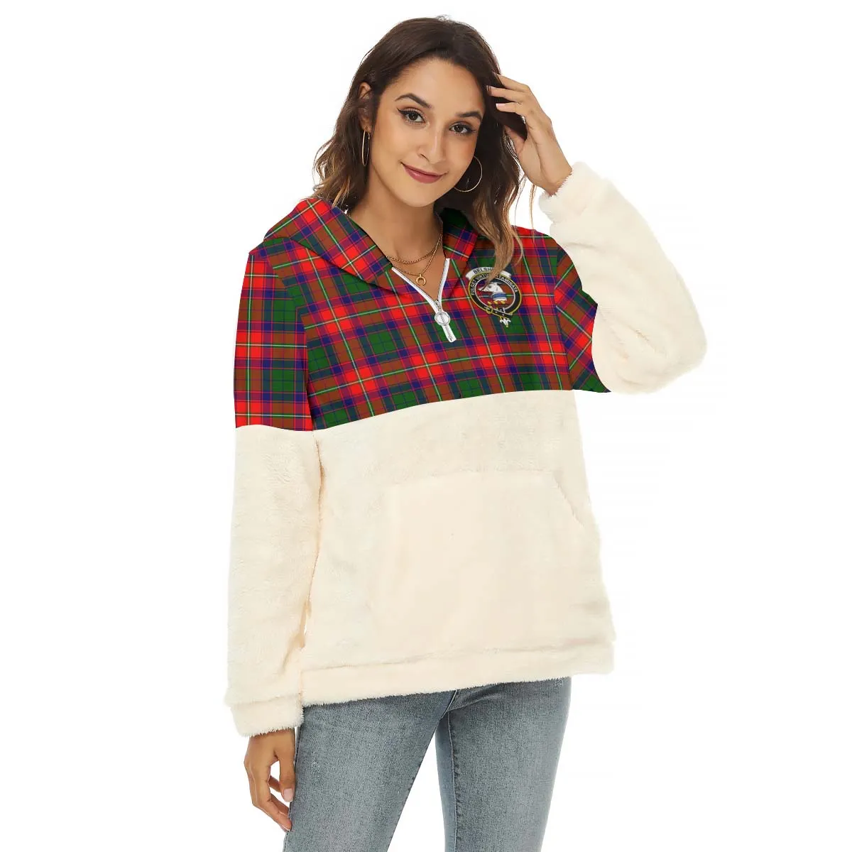 Belshes Tartan Women's Borg Fleece Hoodie With Half Zip with Family Crest