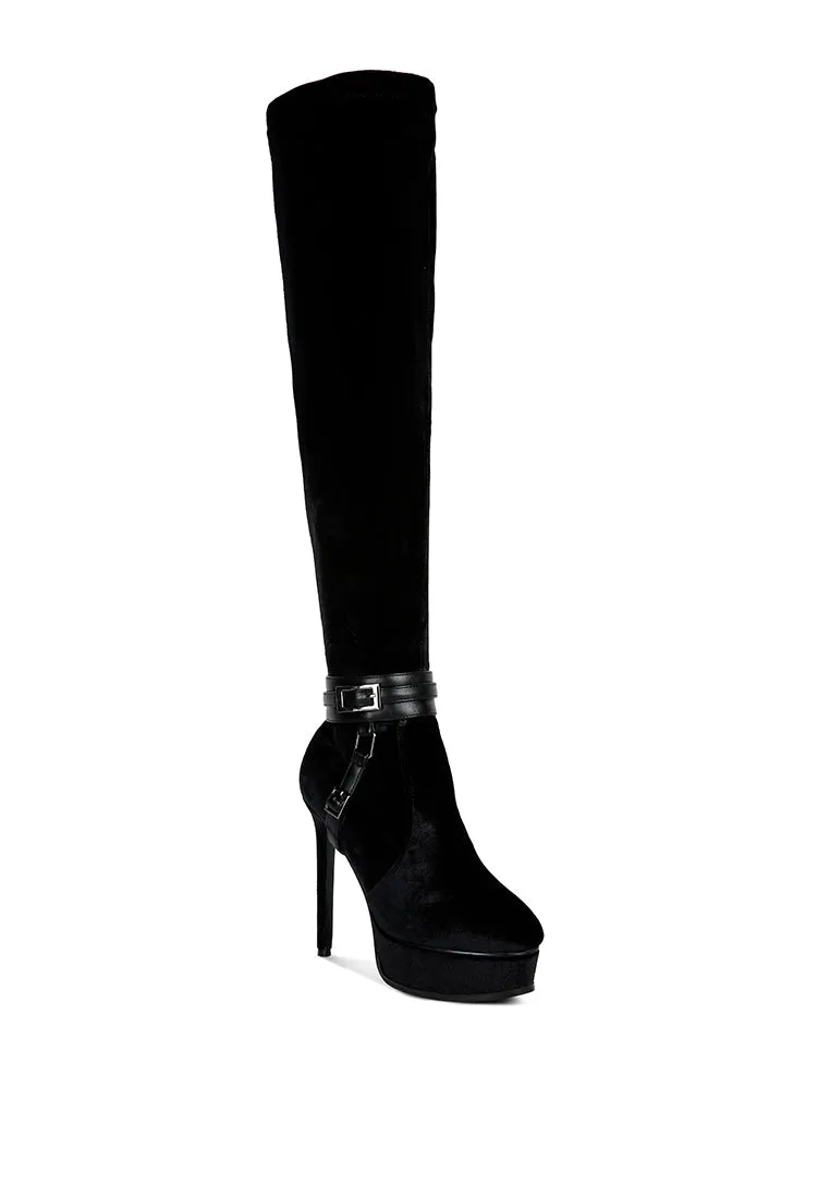 Bison High Heeled Long Velvet Boots