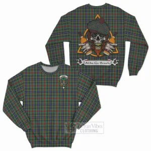 Bisset Tartan Sweatshirt with Family Crest and Bearded Skull Holding Bottles of Whiskey