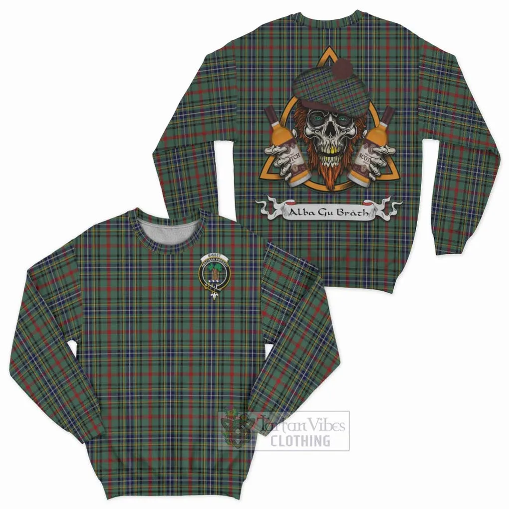 Bisset Tartan Sweatshirt with Family Crest and Bearded Skull Holding Bottles of Whiskey