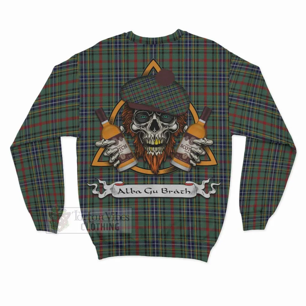 Bisset Tartan Sweatshirt with Family Crest and Bearded Skull Holding Bottles of Whiskey