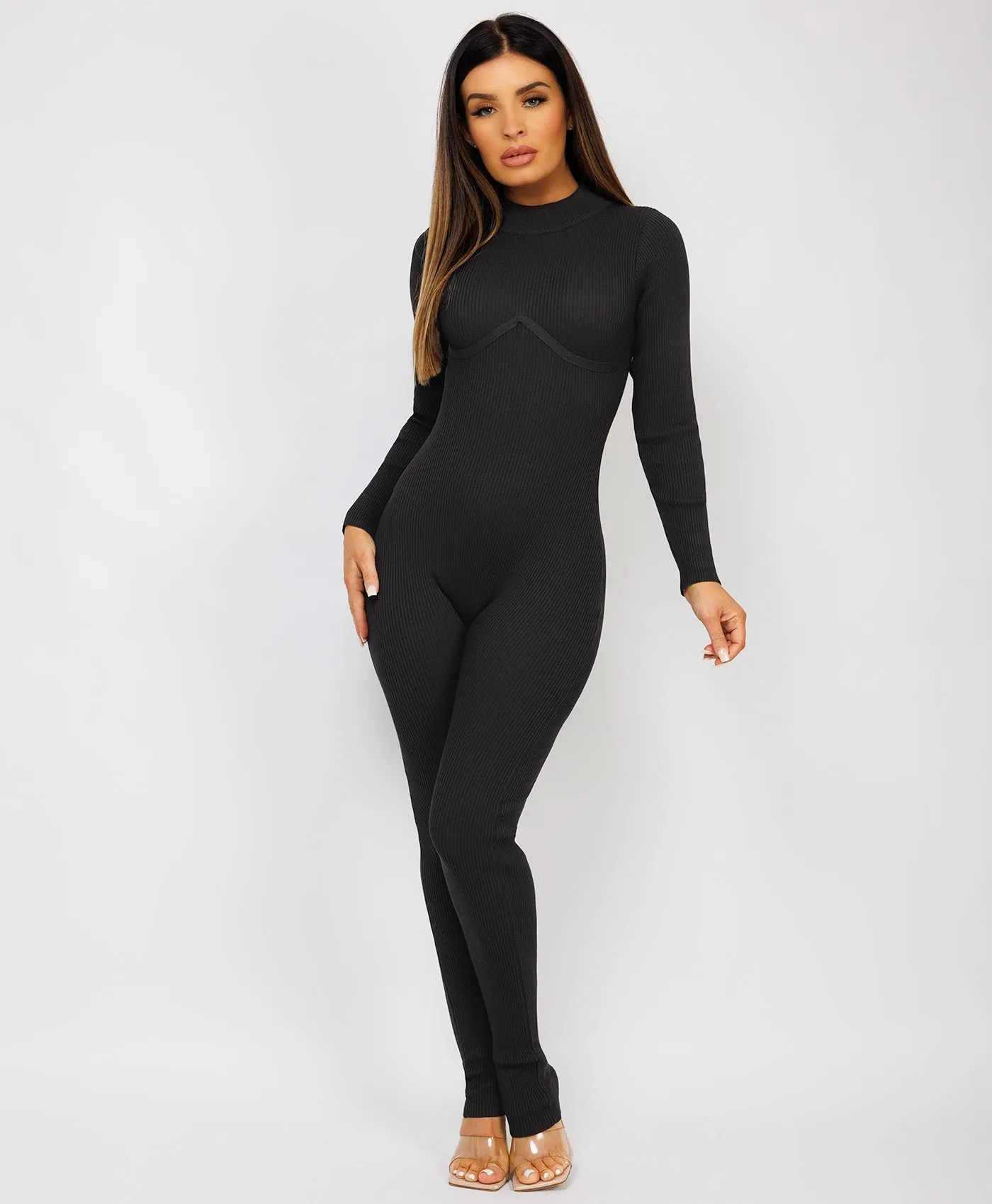 Black Ribbed Underbust Detail Long Sleeves Jumpsuit