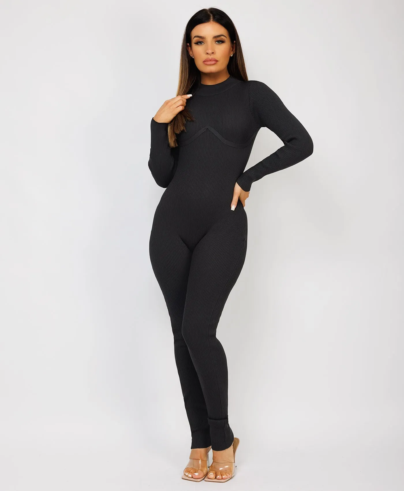 Black Ribbed Underbust Detail Long Sleeves Jumpsuit