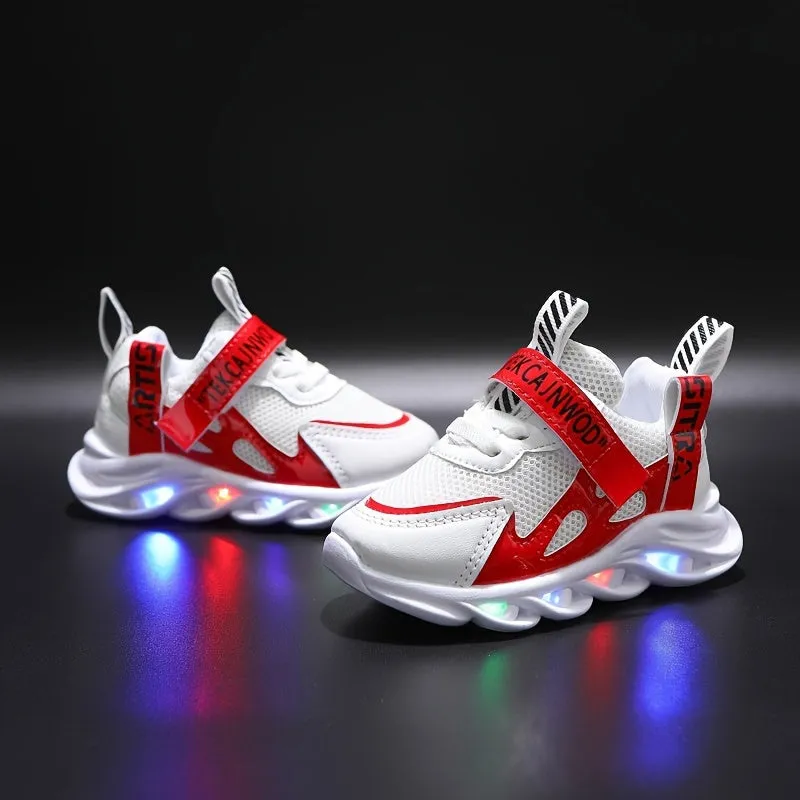 Boys and Unisex Kids LED Flashing Sneakers with Adjustable Strap, Breathable Mesh Upper, PVC Sole, Fabric Insole and Interior, Geometric Pattern, Ages 14 and Under, Includes Disposable Button Battery, Safe Low Voltage Operation