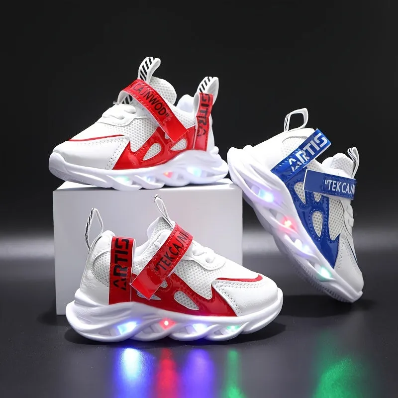 Boys and Unisex Kids LED Flashing Sneakers with Adjustable Strap, Breathable Mesh Upper, PVC Sole, Fabric Insole and Interior, Geometric Pattern, Ages 14 and Under, Includes Disposable Button Battery, Safe Low Voltage Operation