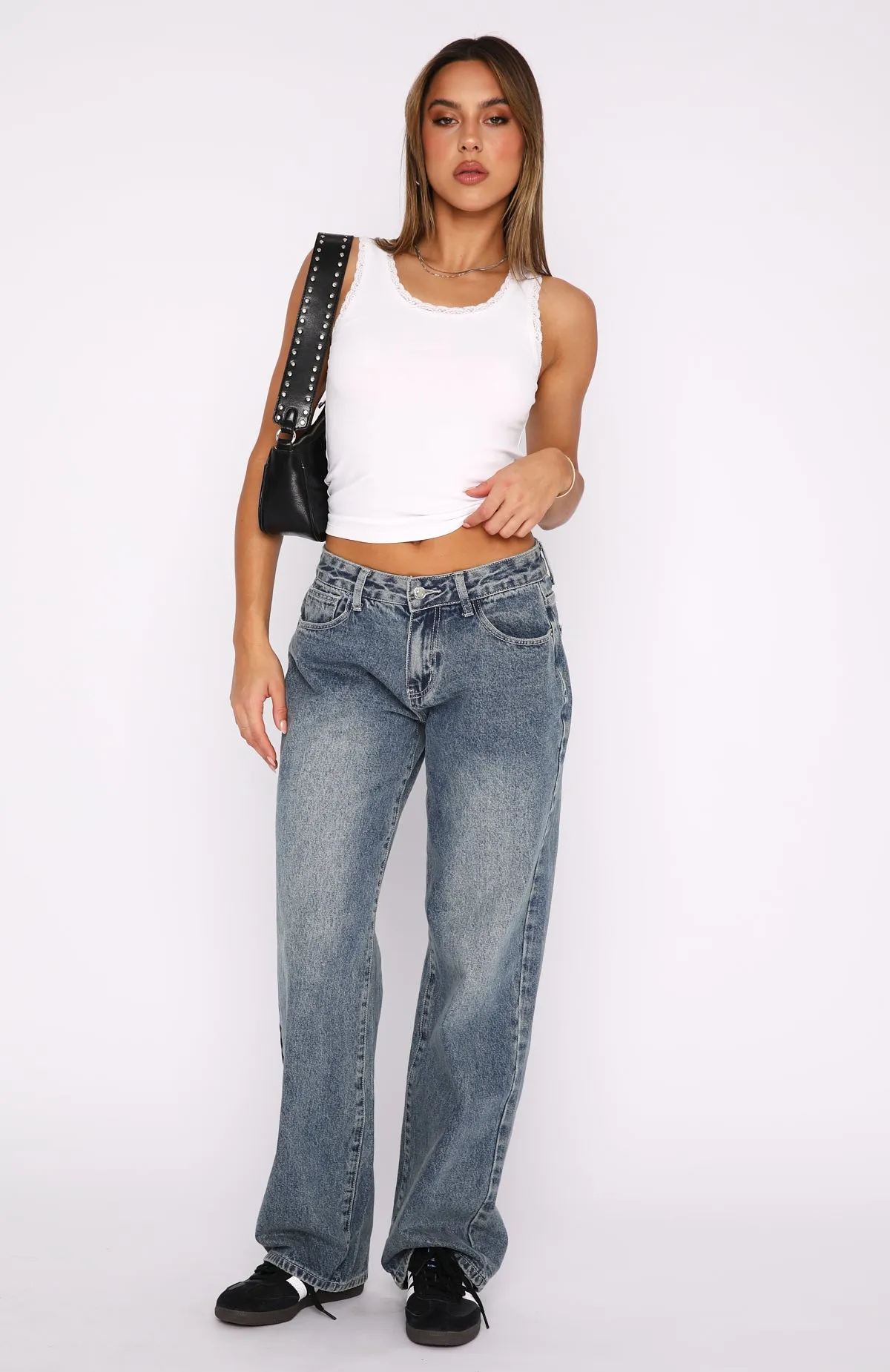 Bring The Style Low Rise Wide Leg Jeans Brown Blue Acid Wash