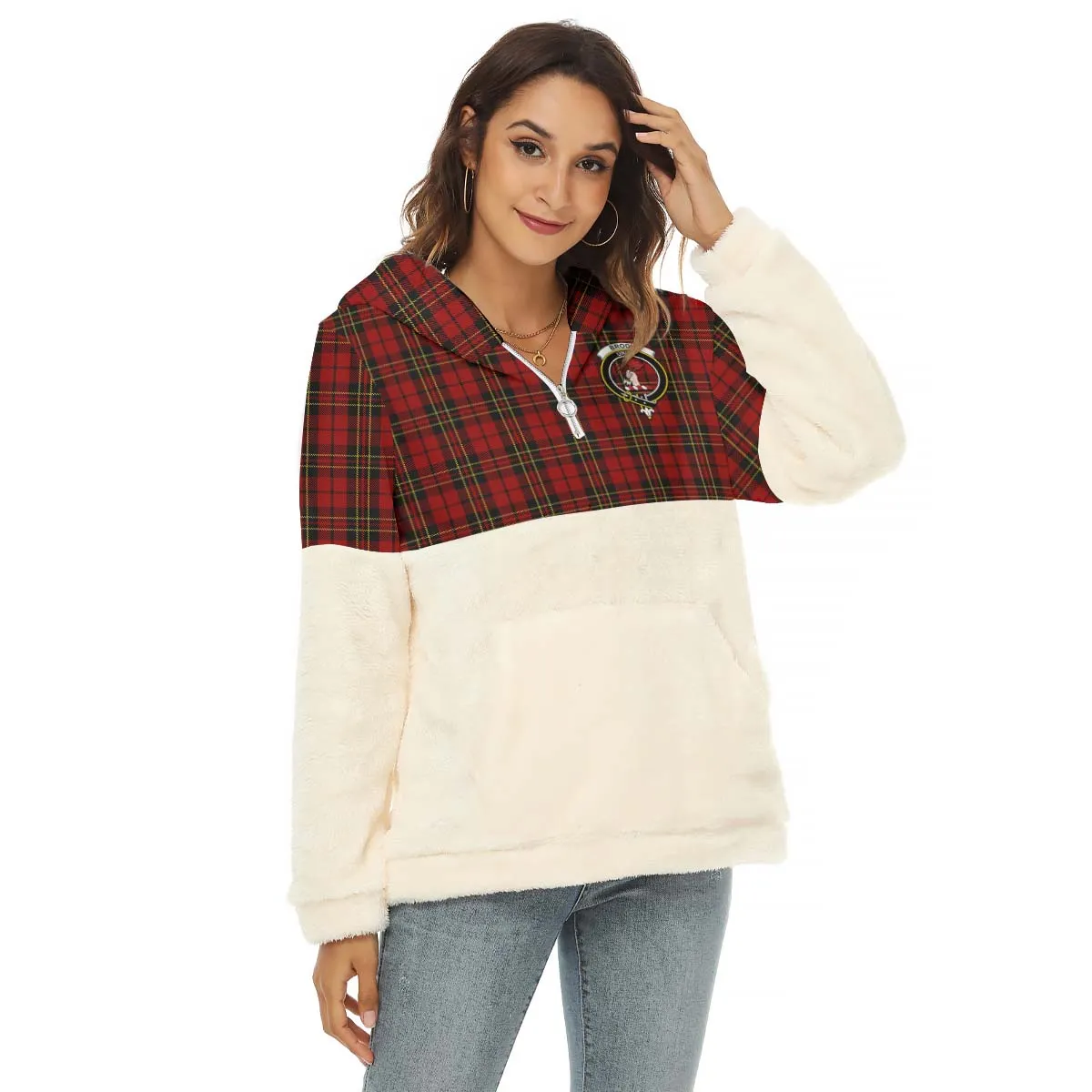 Brodie Tartan Women's Borg Fleece Hoodie With Half Zip with Family Crest