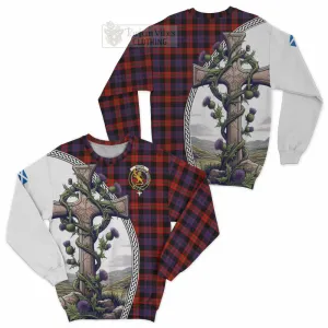 Brown (Broun) Tartan Sweatshirt with Family Crest and St. Andrew's Cross Accented by Thistle Vines