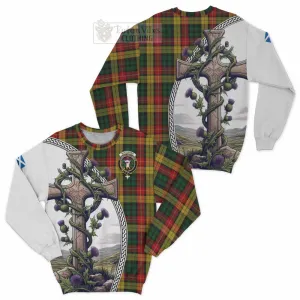 Buchanan Tartan Sweatshirt with Family Crest and St. Andrew's Cross Accented by Thistle Vines