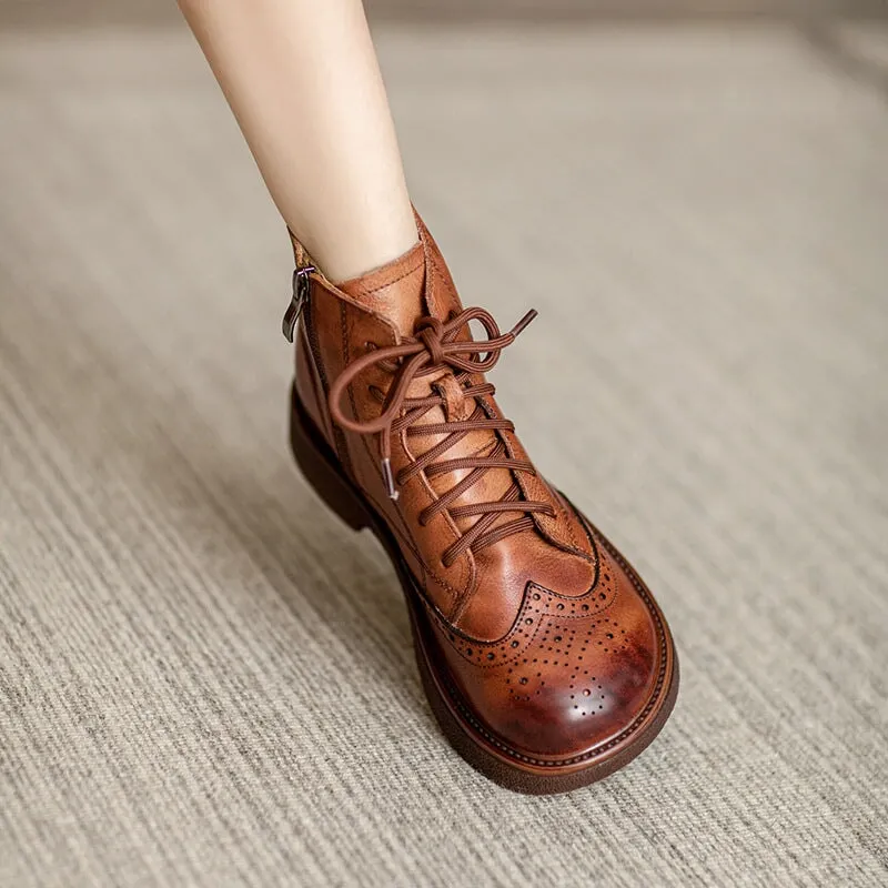 Chunky Wingtip Shoes Leather Carving Brogue Ankle Boot For Women Coffee/Brown/Green