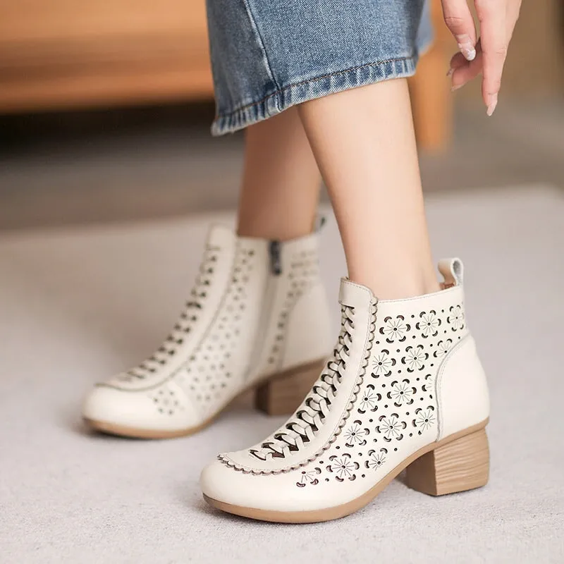 Cut Out Summer Boots Breathable Leather Short Boots in Brown/Beige