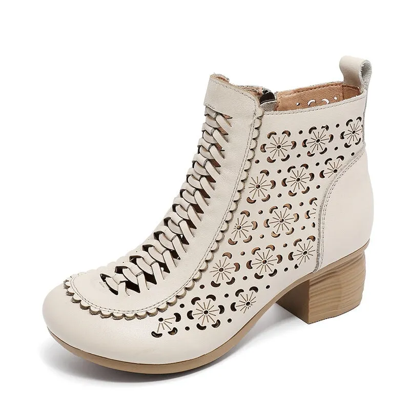 Cut Out Summer Boots Breathable Leather Short Boots in Brown/Beige