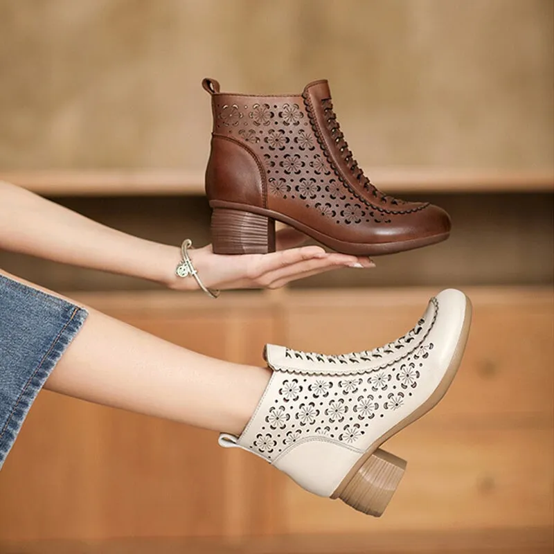 Cut Out Summer Boots Breathable Leather Short Boots in Brown/Beige