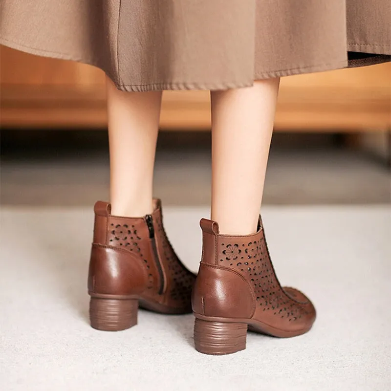 Cut Out Summer Boots Breathable Leather Short Boots in Brown/Beige