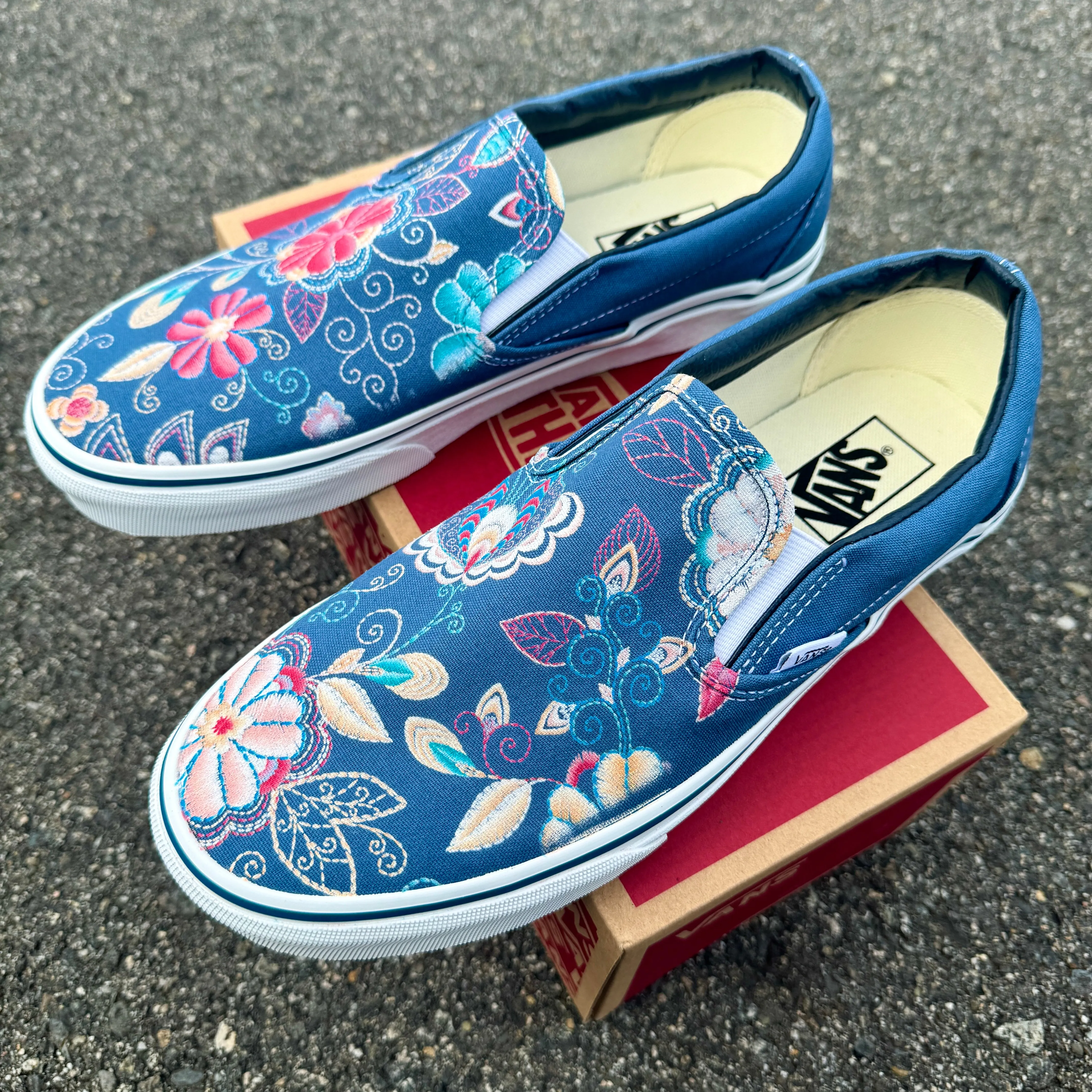 Embroidery Inspired Navy Vans Slip On Shoes - Custom Vans Shoes for Men and Women