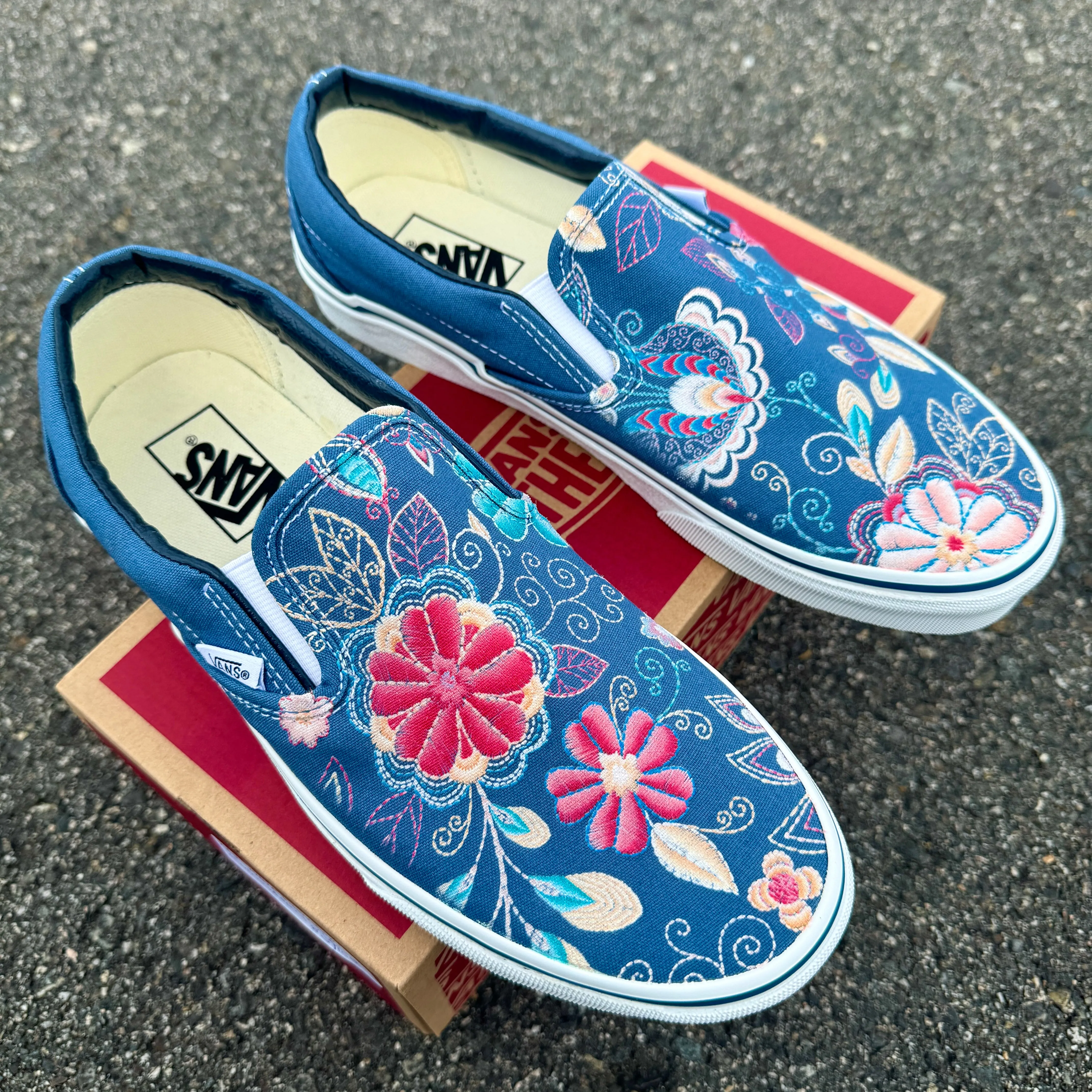 Embroidery Inspired Navy Vans Slip On Shoes - Custom Vans Shoes for Men and Women