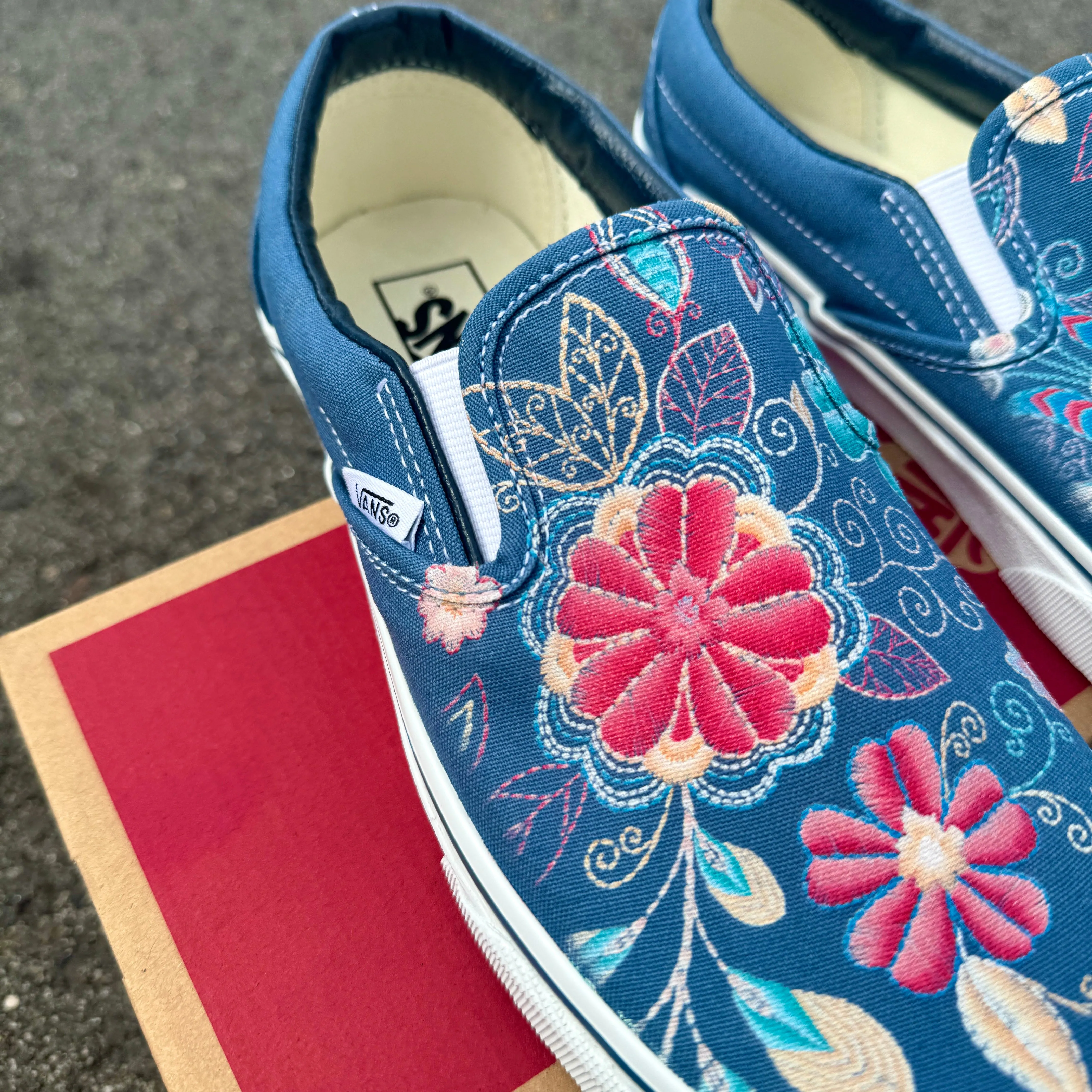 Embroidery Inspired Navy Vans Slip On Shoes - Custom Vans Shoes for Men and Women