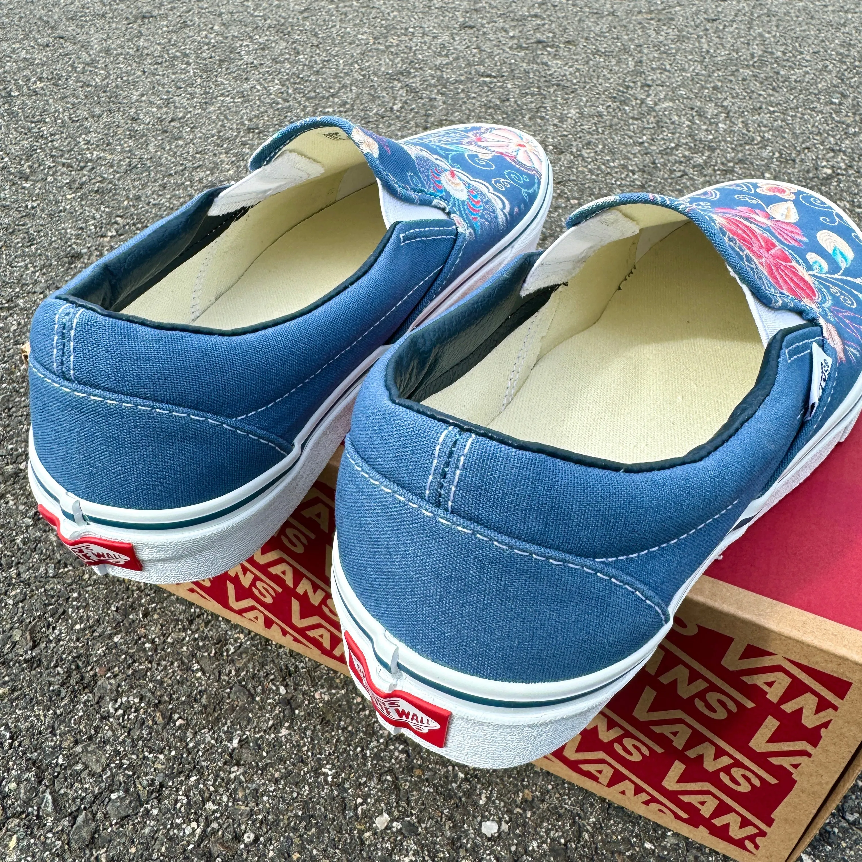 Embroidery Inspired Navy Vans Slip On Shoes - Custom Vans Shoes for Men and Women