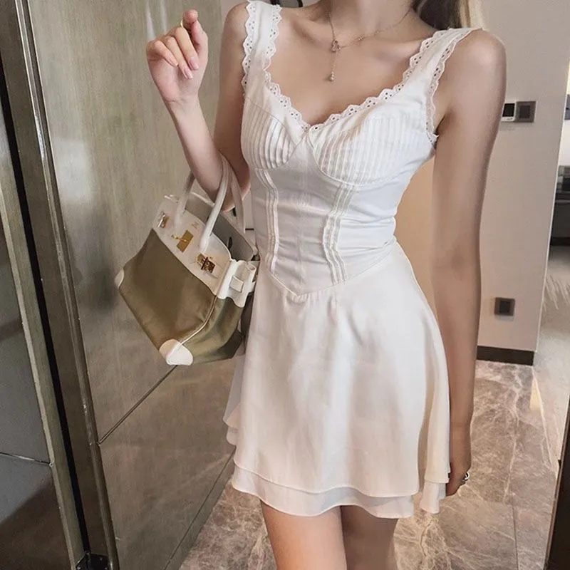 Eyelet Pin Tuck Ruched Preppy Short White Dress