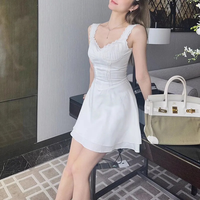 Eyelet Pin Tuck Ruched Preppy Short White Dress