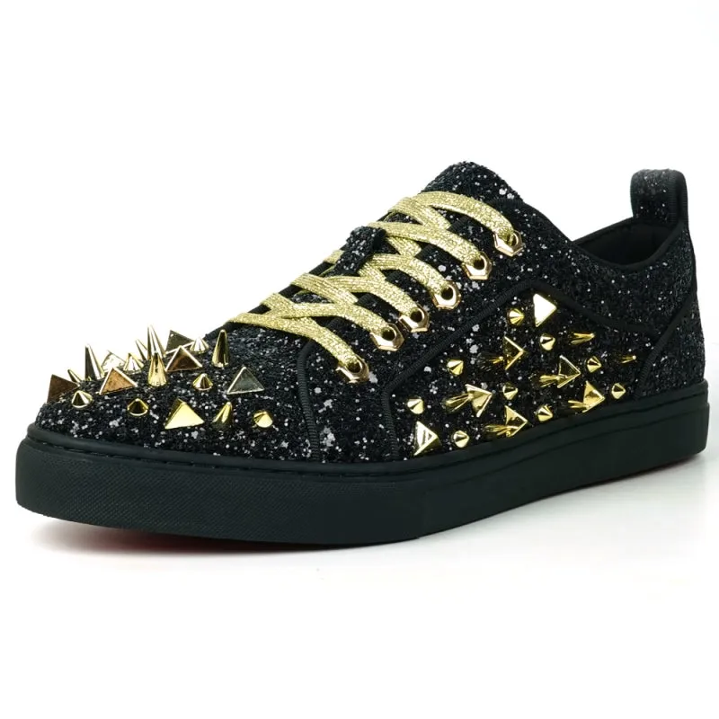 Fiesso Black & Gold Spiked Crystal Low Top Sneakers