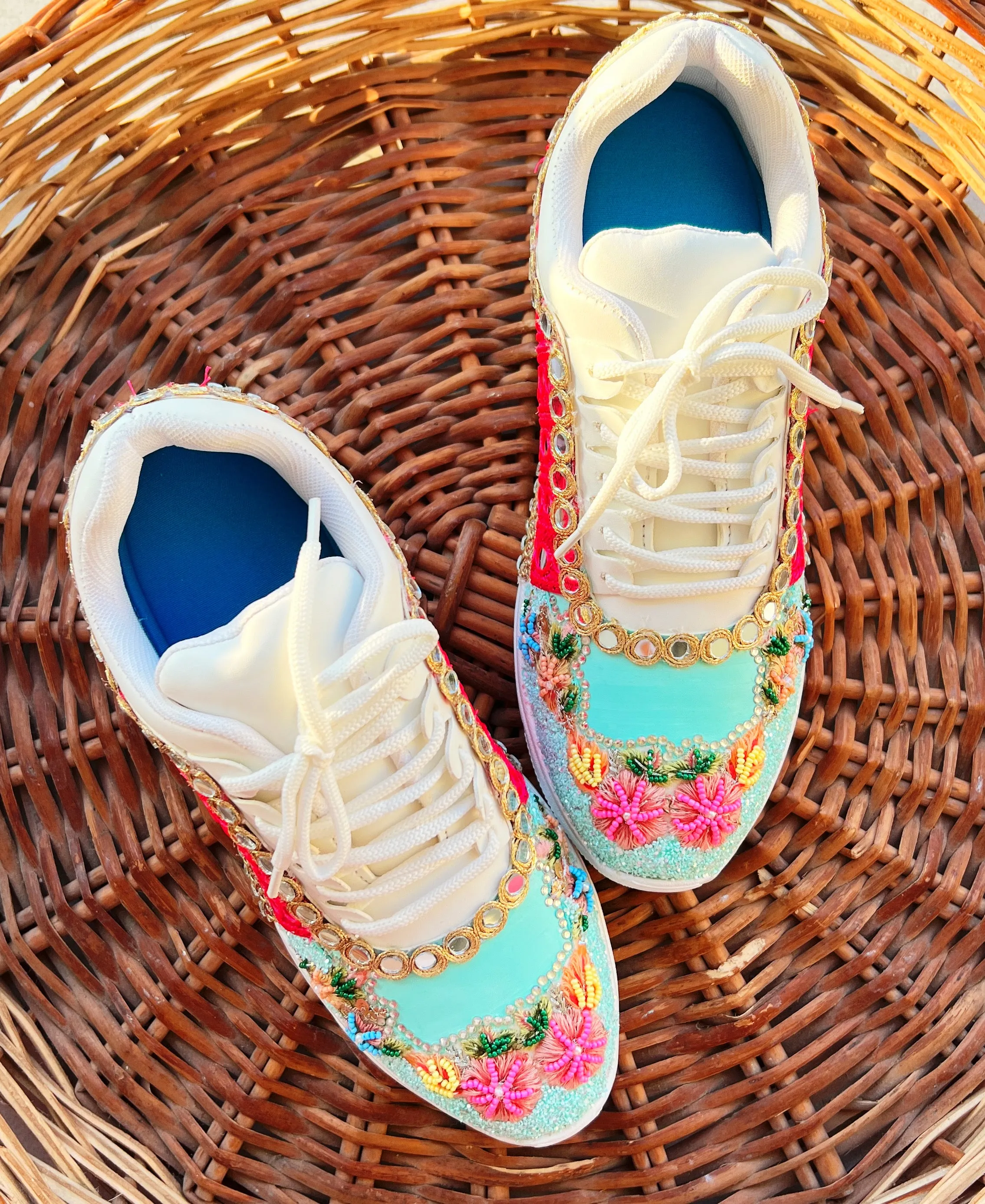 Funky N Trendy hand crafted powder blue theme bridal sneakers/ bridesmaid sneaker / powder blue sneakers/ pink floral theme sneakers / blue pink shoes / floral sneakers