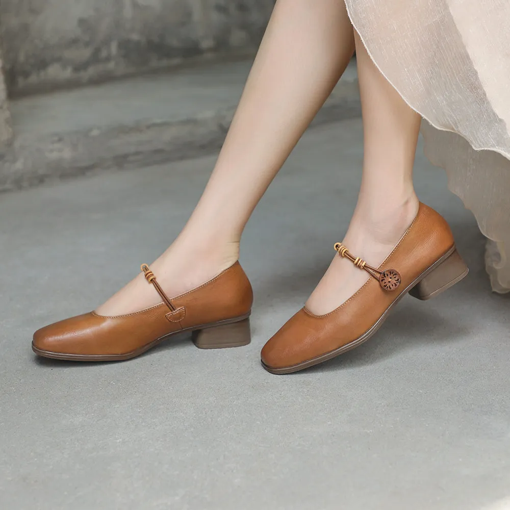 Genuine Leather Square Toe Block Heels Mary Jane Designer Shoes Coffee/Brown