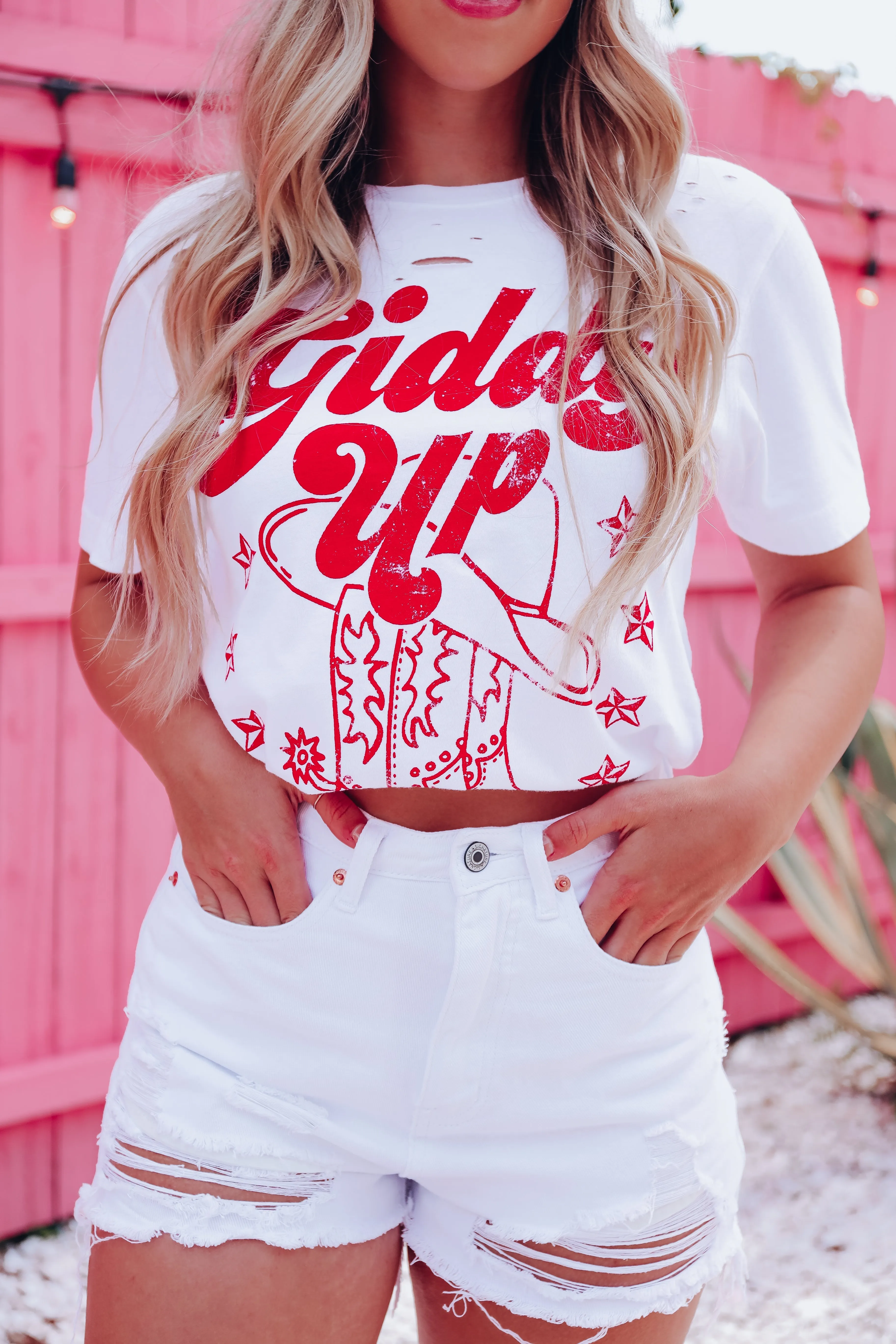 Giddy Up Distressed Graphic Tee - White