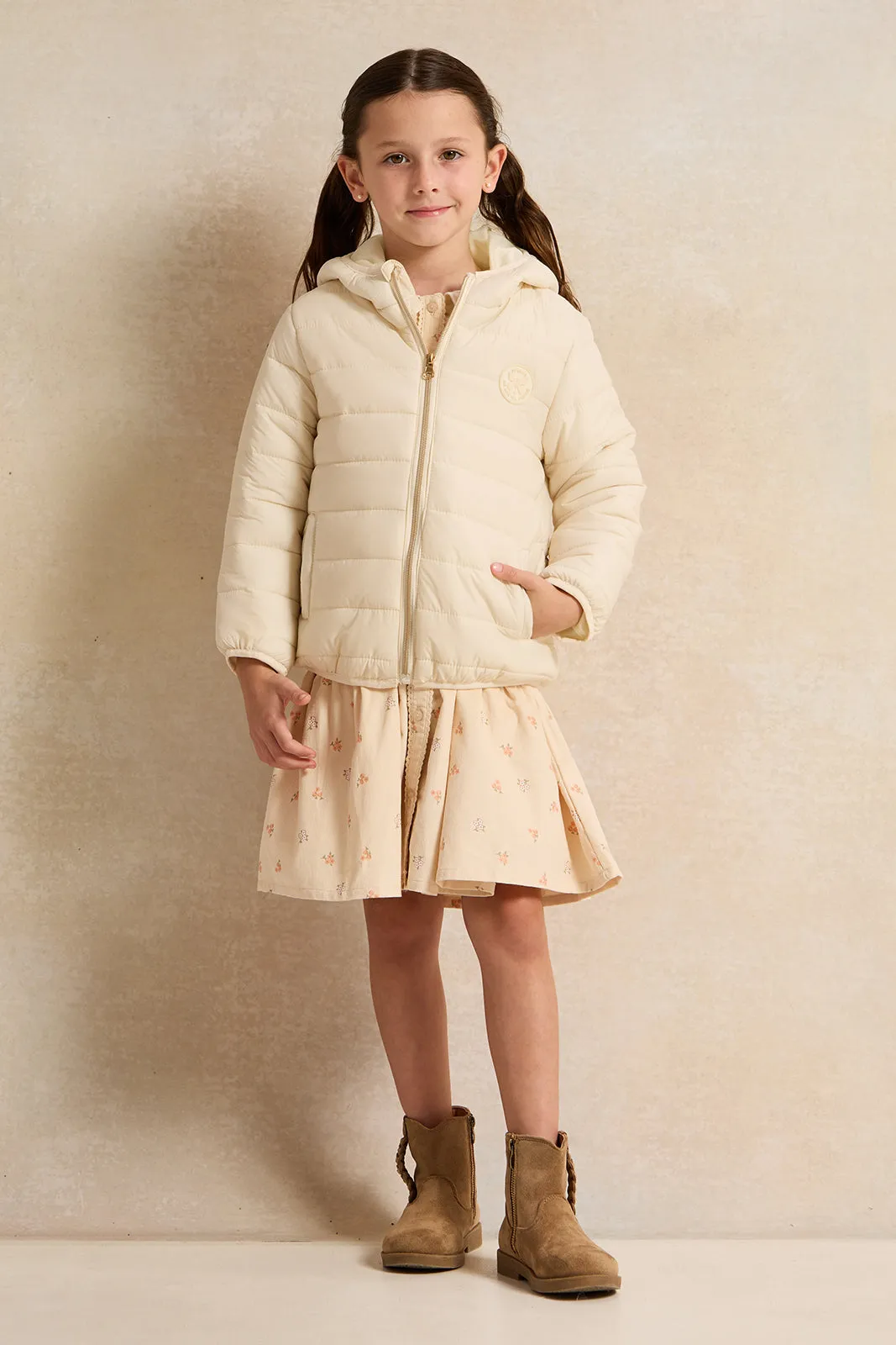 Girls Beige Padded Hooded Jacket