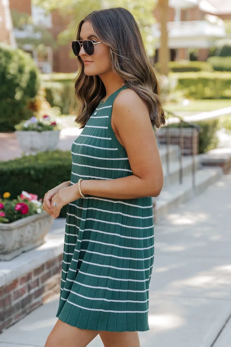 Green Stripe Pleated Mini Dress