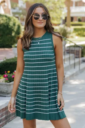 Green Stripe Pleated Mini Dress